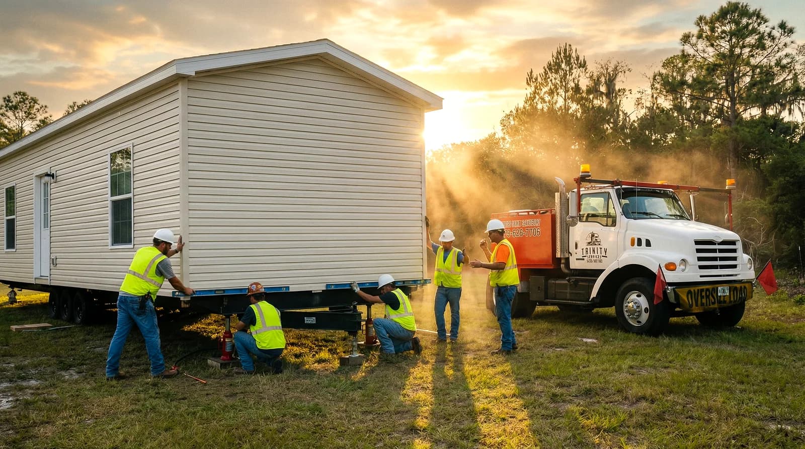 Trinity Services crew setting up a mobile home at sunset, Florida